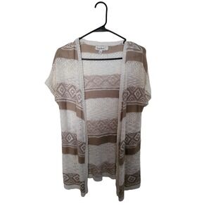CloudChaser Women Tan White Geometric Striped Open Front Pointelle Cardigan XS